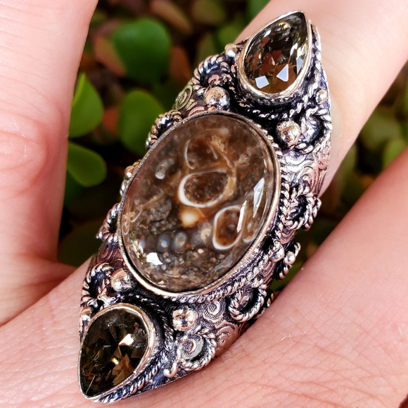 New Turtella Agate Fossil and Smoky Quartz 925 Silver Statement Ring. - Picture 5 of 16